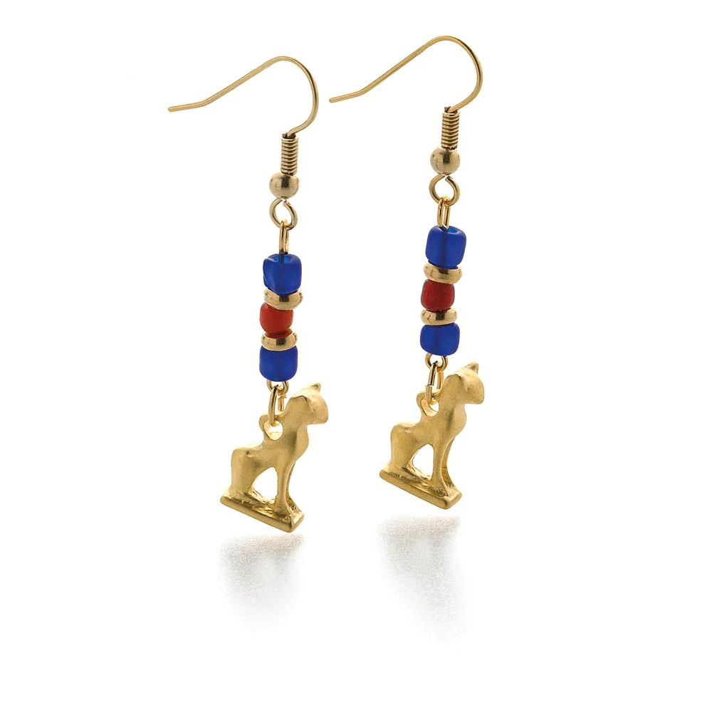 Egyptian earrings, cat amulet with lapis and carnelian