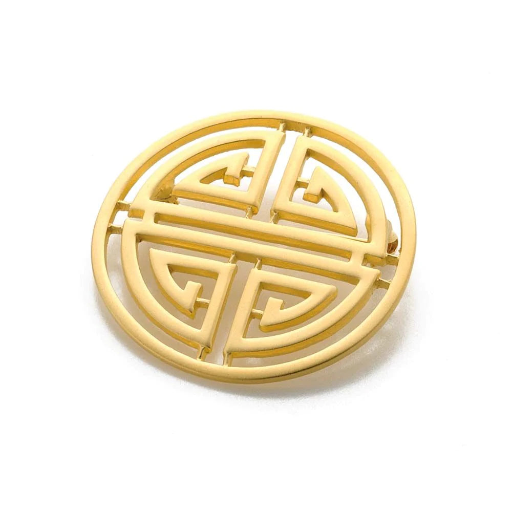Shou Symbol Brooch made of pewter with gold finish, horizontal pin closure