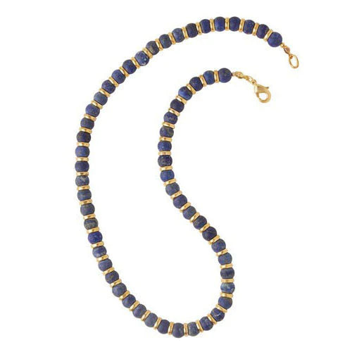 Sumerian Necklace made with frosted lapis, brass beads with gold finish, lobster claw closure