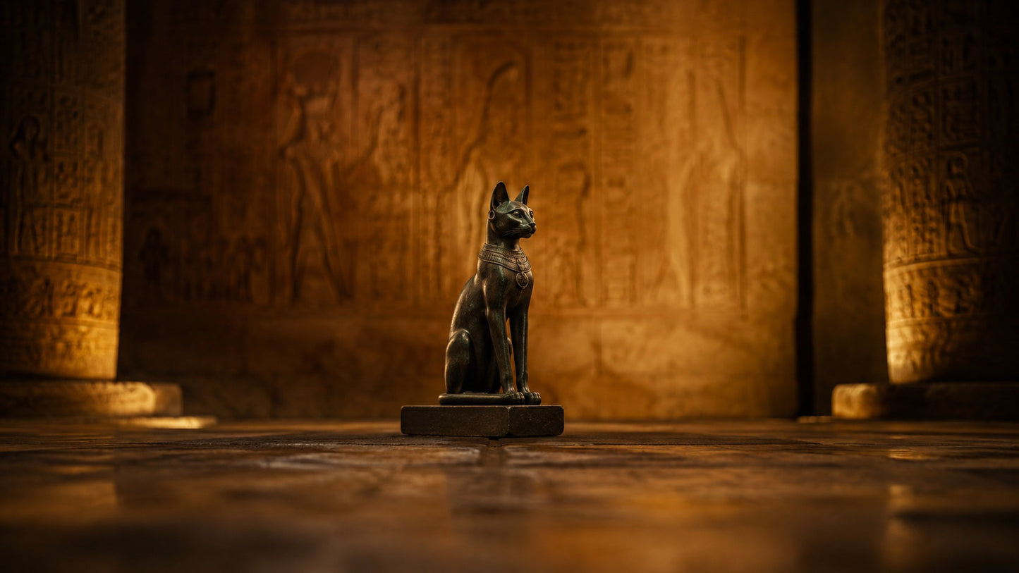 AI-generated bronze Bastet cat statuette in an Egyptian temple, warm lighting