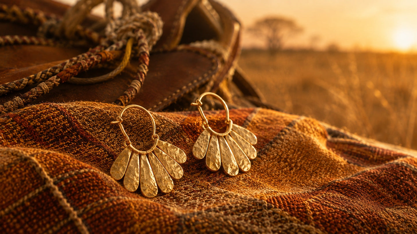 AI-generated illustration of hand-hammered gold crescent Fulani earrings on woven Sahel textile with leather saddle rope and grassland sunset in background - Museum Jewellery