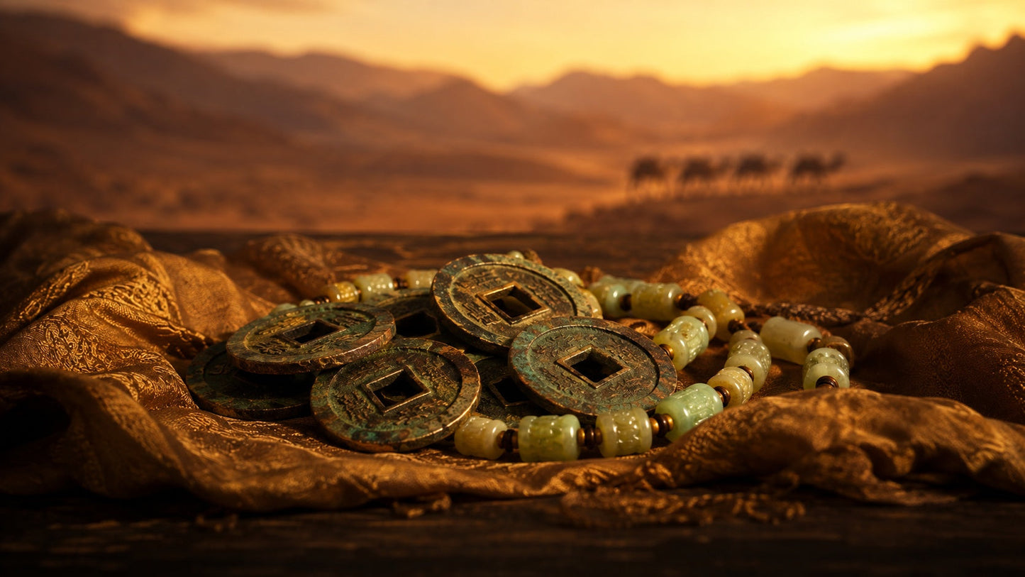 AI-generated antique Chinese coins and jade beads on silk, with a Silk Road caravan silhouette at sunset