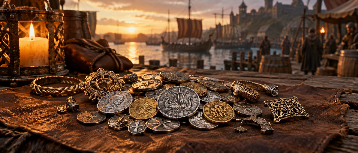 Viking silver and gold coins and jewelry on leather at a torchlit harbor