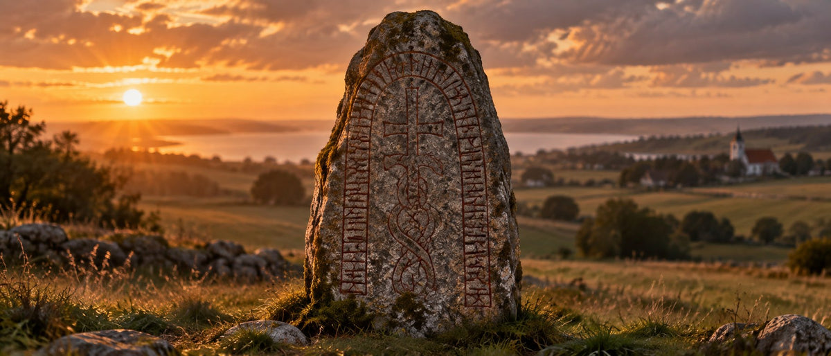 A weathered Viking runestone lit by golden-hour light