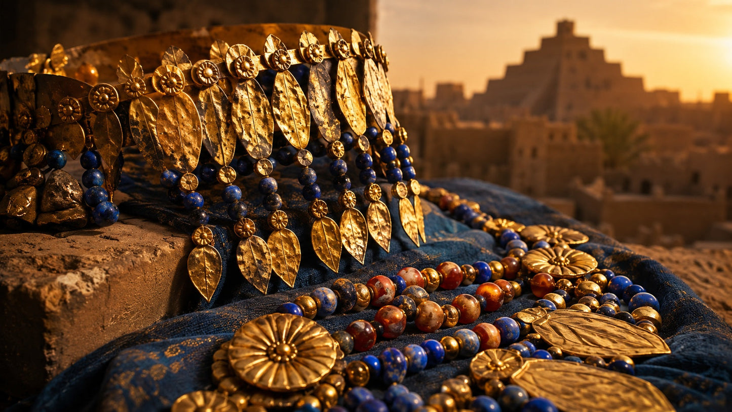 AI-generated illustration of Queen Puabi's gold and lapis lazuli jewelry with an ancient Mesopotamian ziggurat at sunset - Museum Jewellery