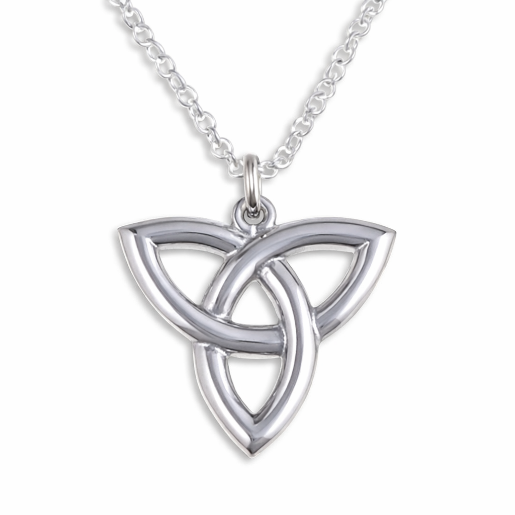 Silver Trinity knot pendant on a chain against a white background