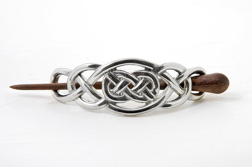 Load image into Gallery viewer, Celtic hair clip with knot pattern used with a rosewood pin
