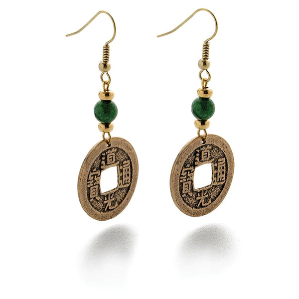 Chinese earrings with I-Ching coins and jade pearl