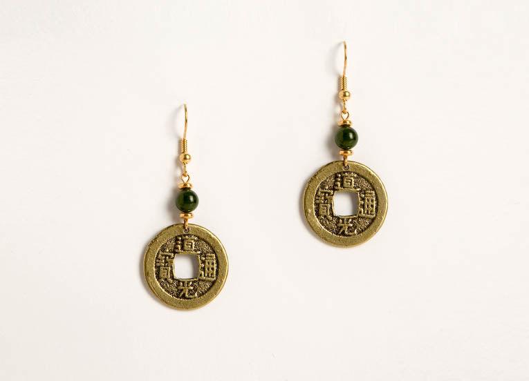 Chinese earrings with I-Ching coins and jade pearl