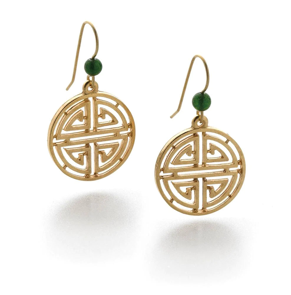 Chinese earrings with Shou symbol silver with 22 carat gilding and jade pearl