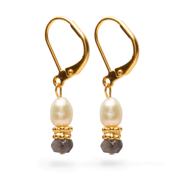 Classical Drop Earrings with gold finish, freshwater pearl, iolite nugget