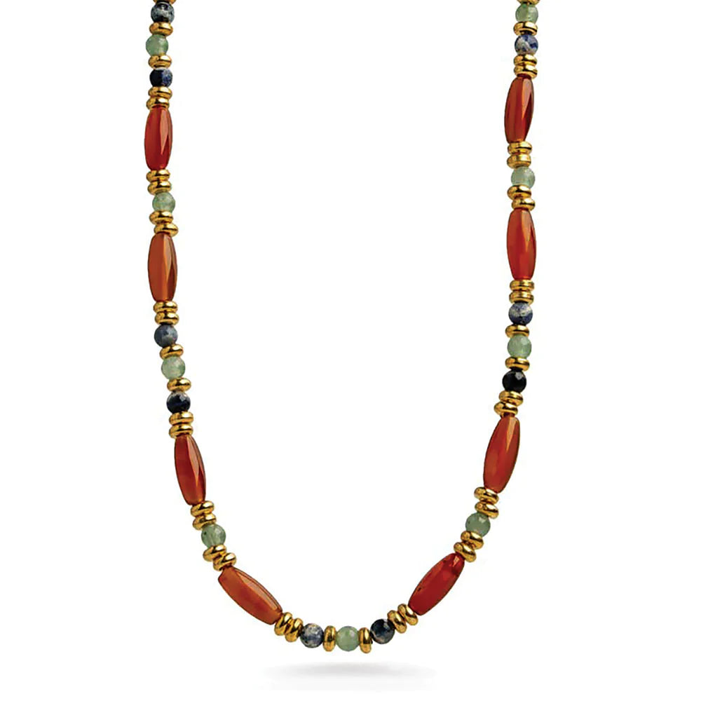 Cleopatra Carnelian Single Strand Necklace made of carnelian, aventurine, sodalite, and pewter beads with gold finish