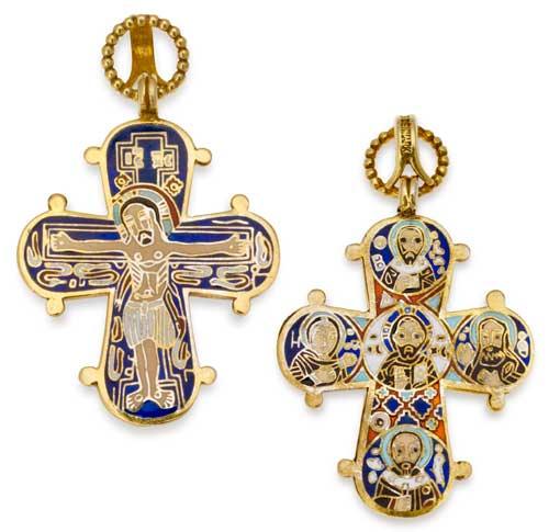 Dagmar cross pendant in gilded silver with enamel in cell enamel technique.