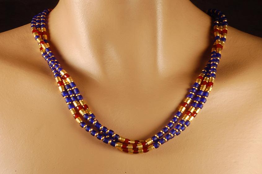 Load image into Gallery viewer, Egyptian carnelian necklace with blue ceramic beads, carnelian, and gilded links
