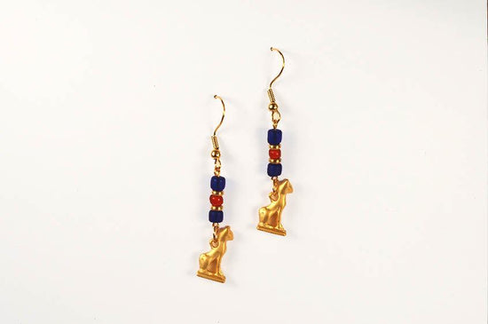 Egyptian earrings, cat amulet with lapis and carnelian