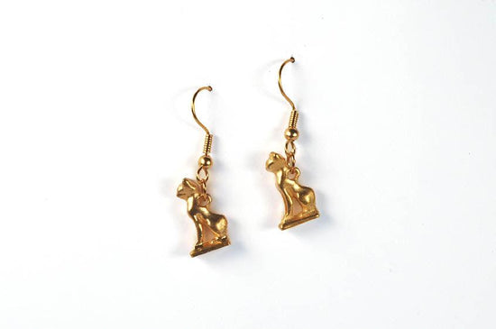Load image into Gallery viewer, Egyptian earrings with cat amulets with 22 carat gold plating
