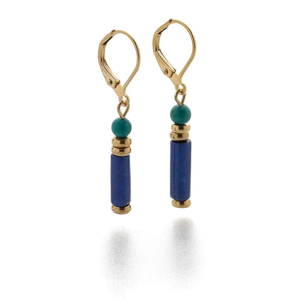 Egyptian earrings with stones of lapis and turquoise, set in sterling silver with 22 carat gold plating.