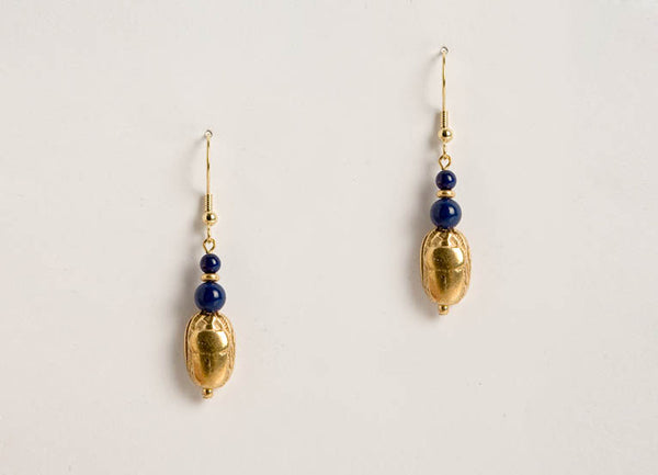 Egyptian earrings with scarab made of Lapis and sterling silver, gilded with 22 carat gold