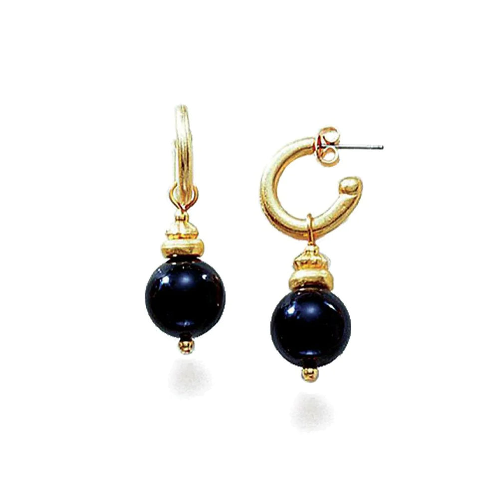 Load image into Gallery viewer, Etruscan earrings with genuine black onyx stone and gold finish, surgical steel ear post

