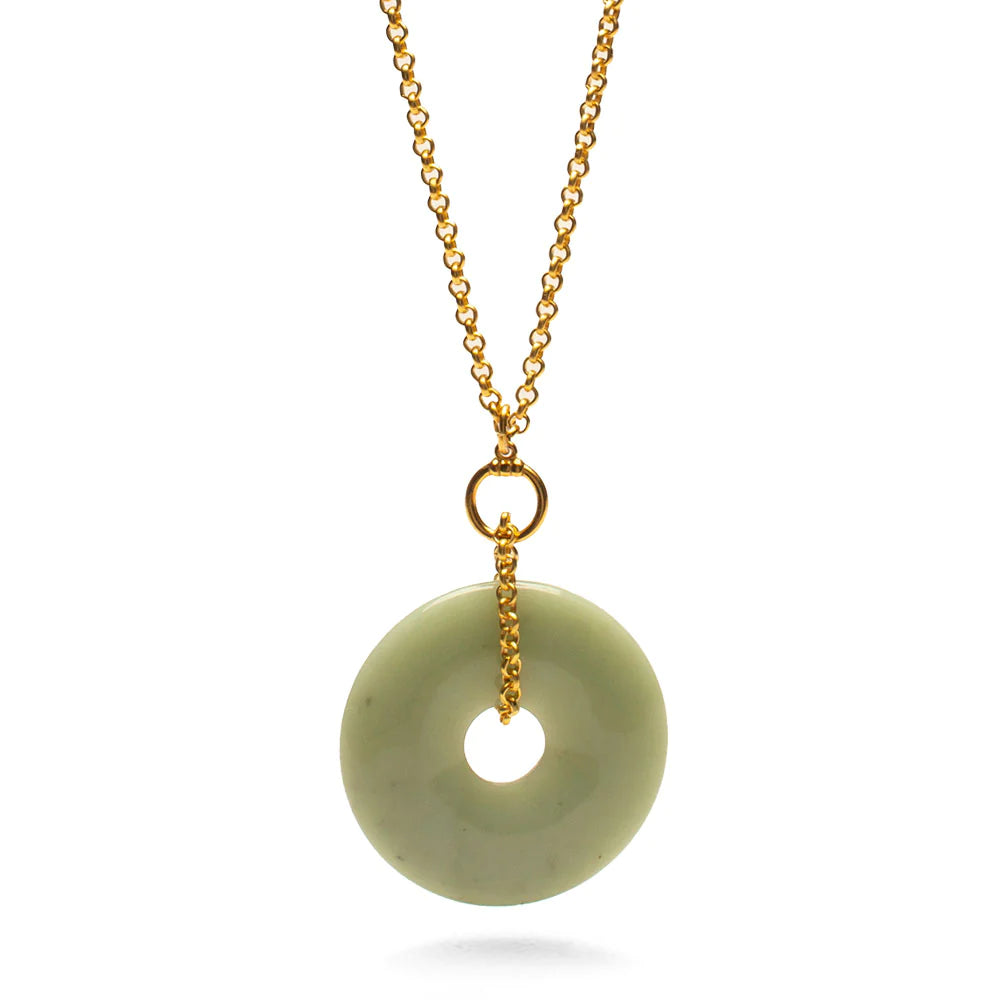Load image into Gallery viewer, Jade Bi Disc Chain Pendant  Jade, cable chain with gold finish, and lobster claw closure.
