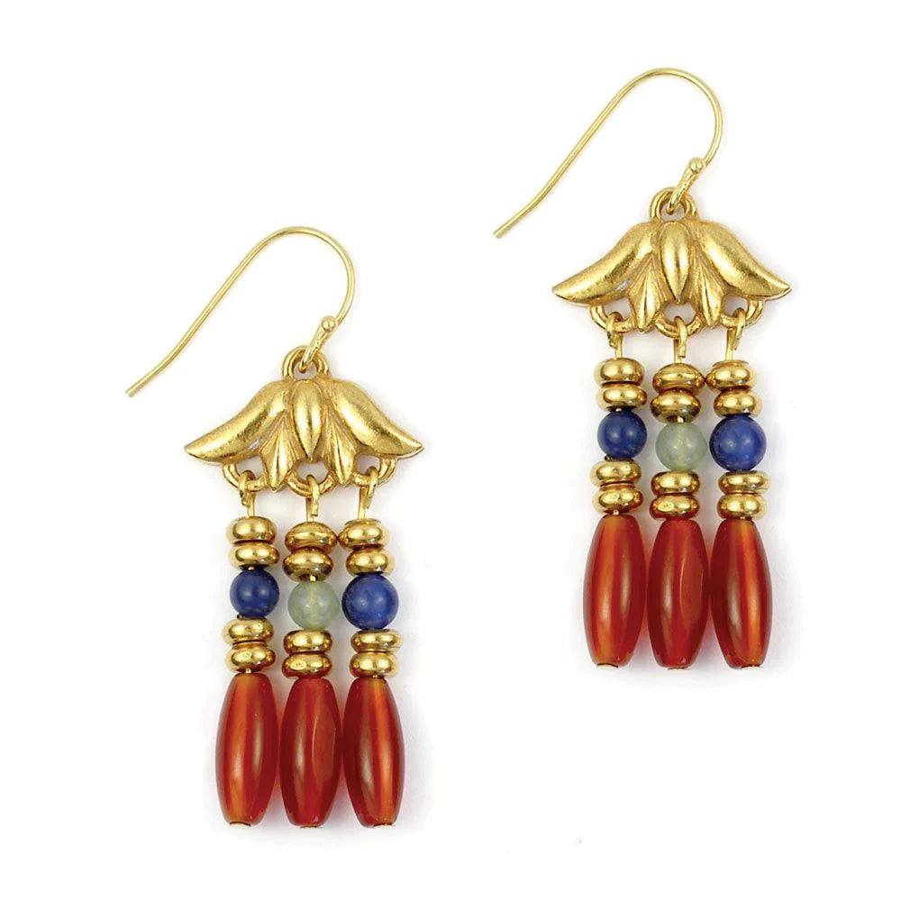 Lotus Triple Drop Earrings made of carnelian, sodalite, aventurine and pewter with gold finish
