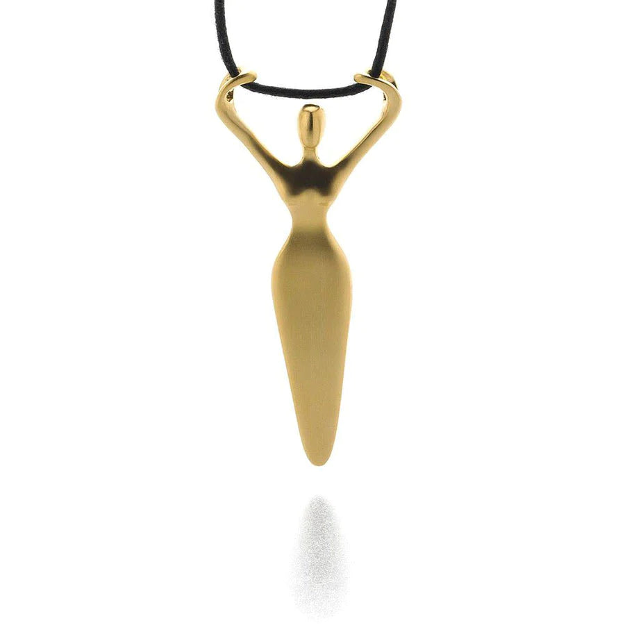 Pre-Dynastic Figurine Pendant made of pewter with gold finish and comes with a faux leather cord