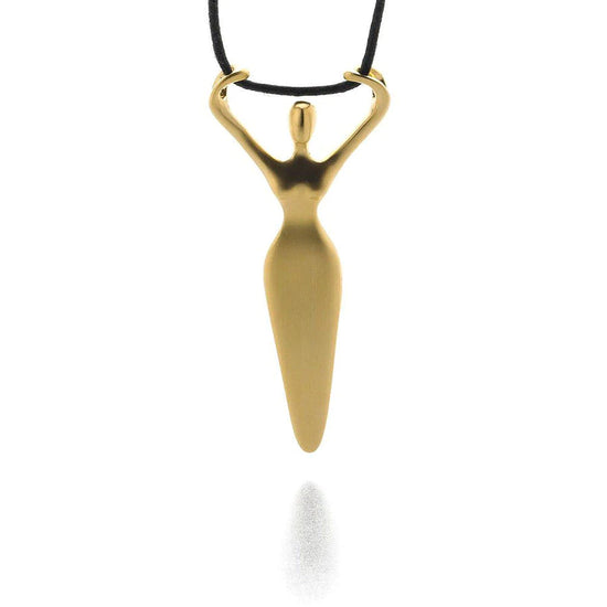 Pre-Dynastic Figurine Pendant made of pewter with gold finish and comes with a faux leather cord
