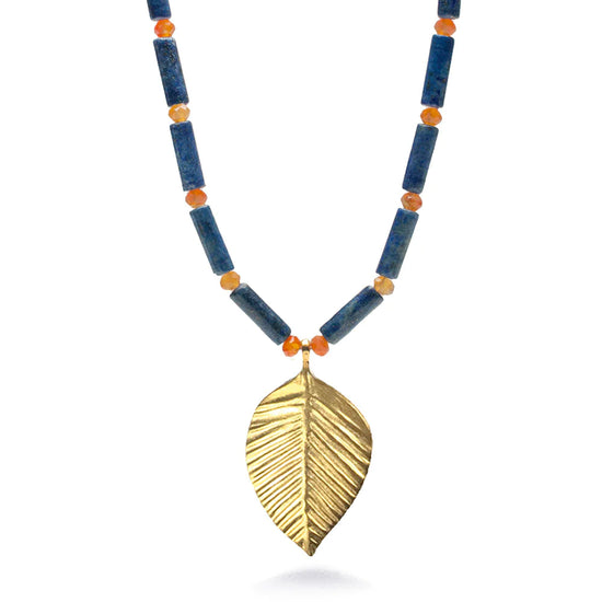 Load image into Gallery viewer, Queen Puabi Single Leaf Necklace made of lapis, carnelian, pewter leaves with gold finish
