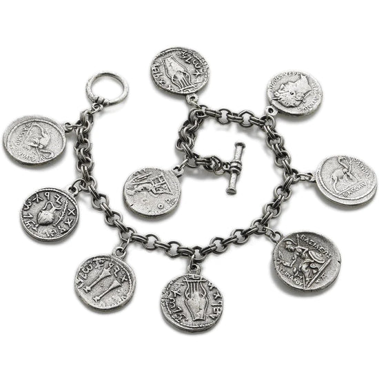 Roman Coin Bracelet made of pewter with antique silver finish and with toggle and bar closure
