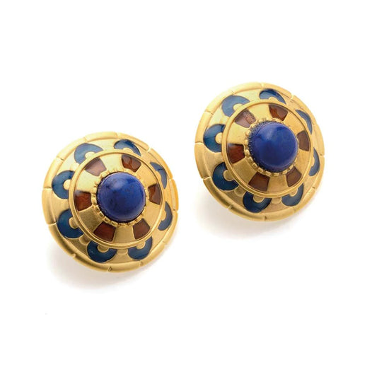 Load image into Gallery viewer, Royal Egyptian Earrings made with pewter with gold finish, and lapis cabochon
