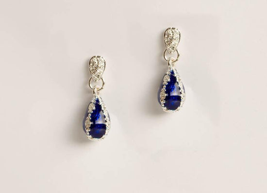 Ruby Basket Egg earrings made of blue enameled stone and silver with crystals