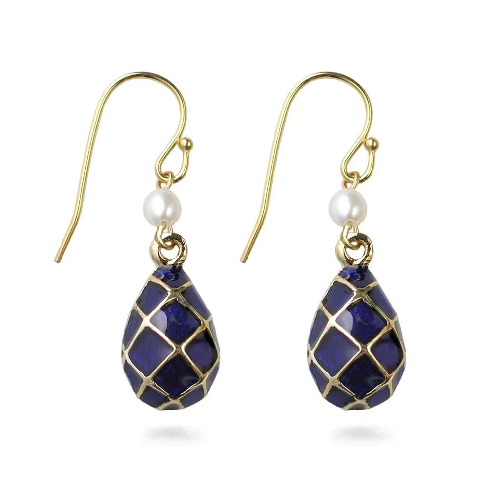 Load image into Gallery viewer, Russian Fabergé egg earrings with blue enamel and pearl
