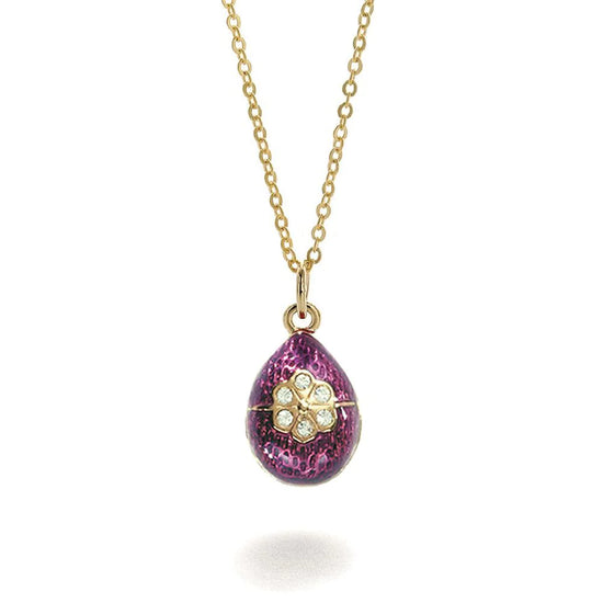 Load image into Gallery viewer, Russian Fabergé egg pendant made with purple enamel and features crystals
