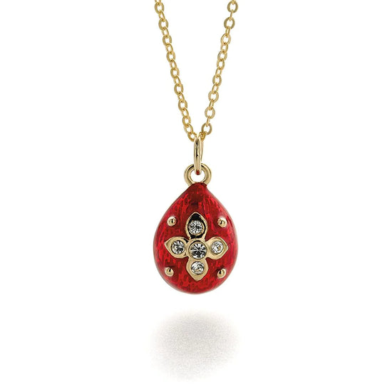 Russian Fabergé egg pendant with red enamel and features crystals.