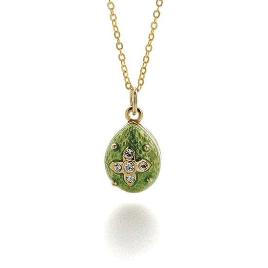 Russian Fabergé egg pendant with yellow-green enamel and clear crystals, chain included, spring ring closure
