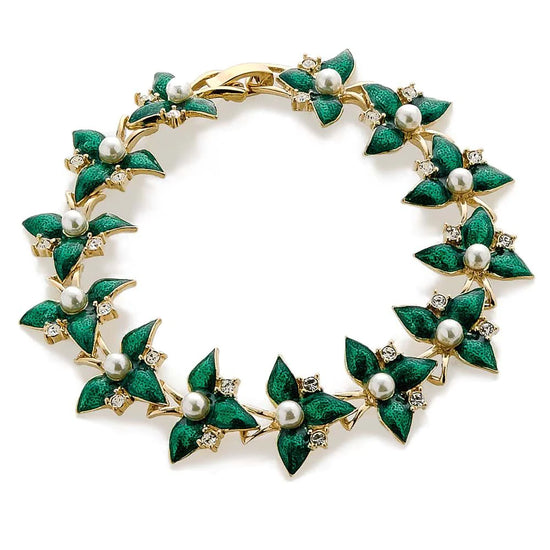 Russian Fabergé flower bracelet made with Green enamel and pearls