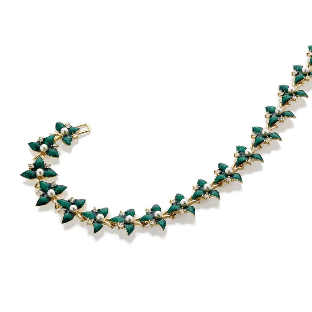 Load image into Gallery viewer, Russian Fabergé flower necklace from 1907 made with Green enamel with pearls
