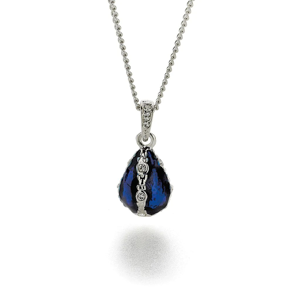 Russian necklace with Fabergé egg in blue enamel and silver with crystal. Chain included