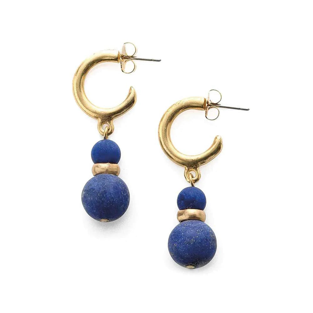 Sumerian lapis earrings made of lapis and sterling silver with 22 carat gold plating and ear hooks.