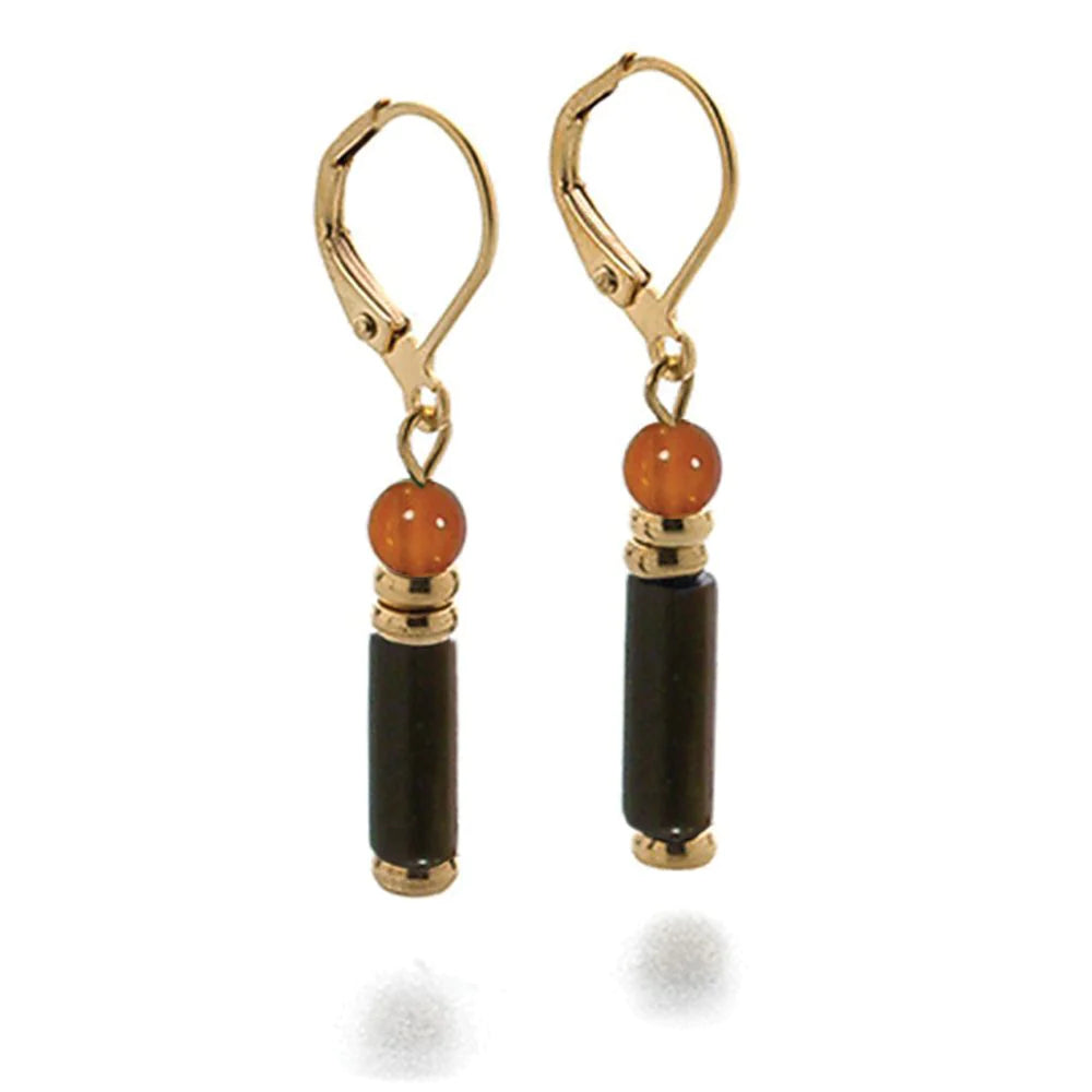 Tigris Earrings made with black onyx, carnelian, brass beads with gold finish