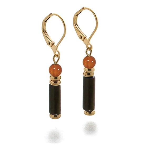 Tigris Earrings made with black onyx, carnelian, brass beads with gold finish