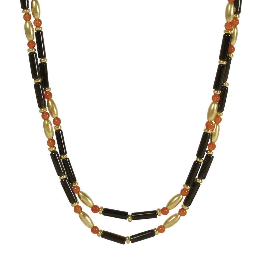 Double Strand Tigris Necklace with black onyx stones, carnelian, brass beads with gold finish and lobster claw closure