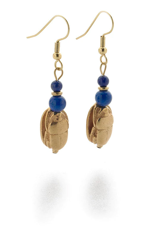 Egyptian earrings with scarab made of Lapis and sterling silver, gilded with 22 carat gold